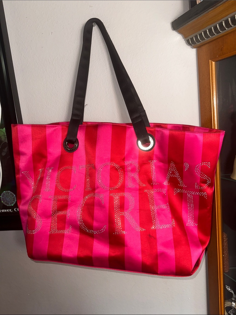 Victoria's Secret Hot Pink Striped Rhinestone Logo Tote